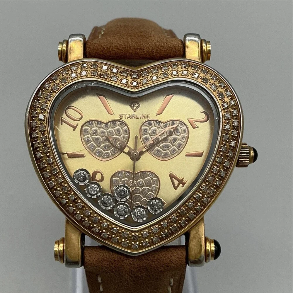 Starlink Womens Watch 38mm Gold Tone Heart Diamond Bezel Leather New Battery